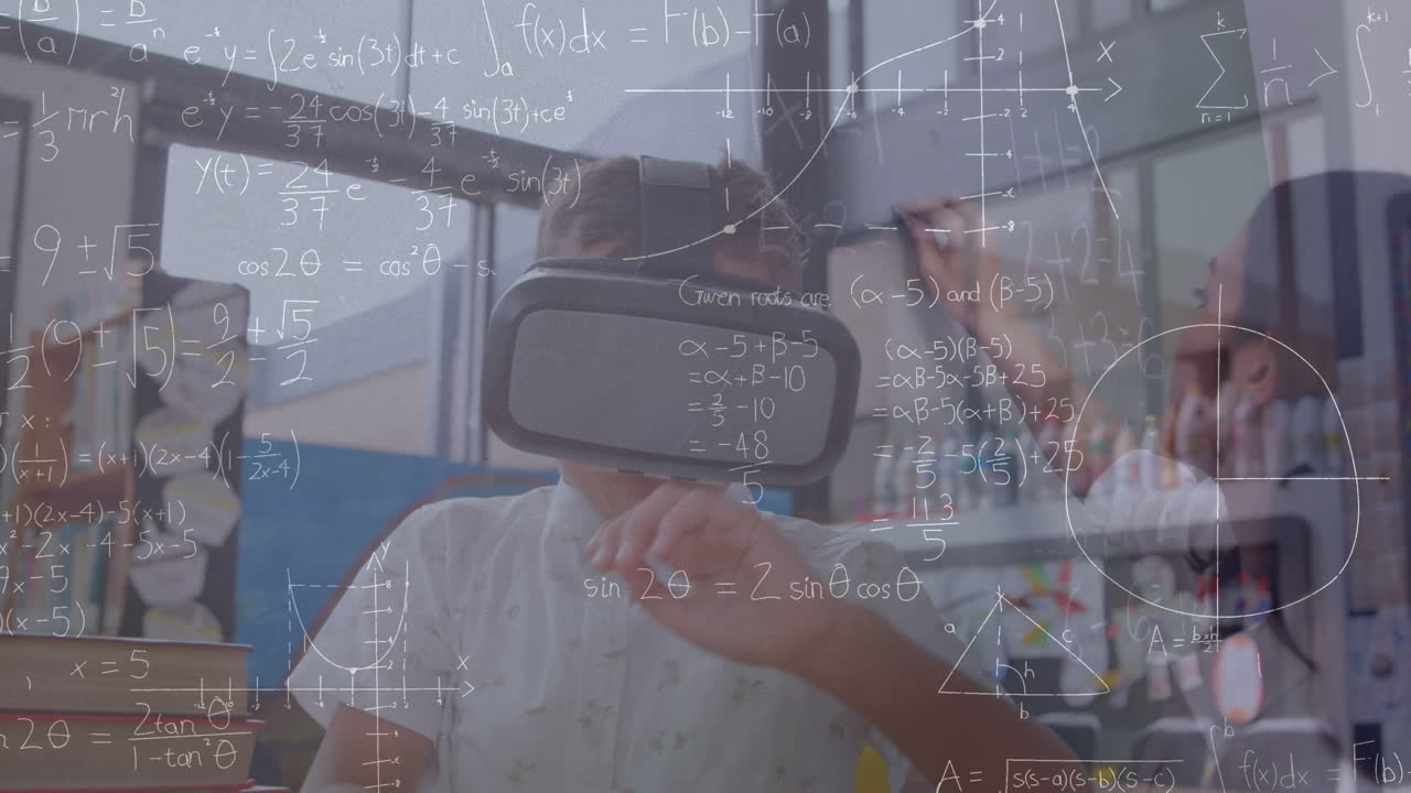 vr 헤드 ⁇ 을 사용하는 백인 학교생에 대한 수학 방정식의 애니메이션