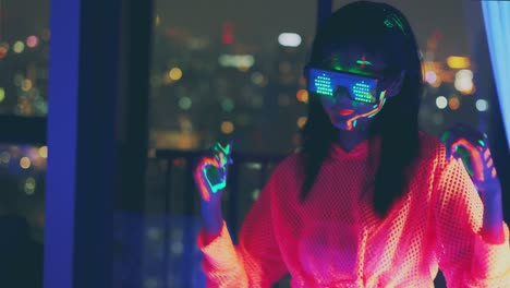 active teen girl playing game in vr headset, having fun in virtual reality world