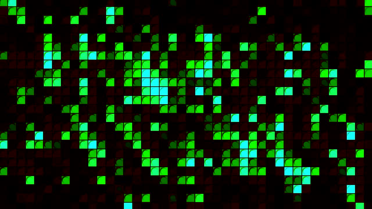Motion abstract background with green pixels flashing and blinking on a black background, seamless loop. Motion. Colorful dance of randomly blinking squares