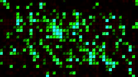 fondo de movimiento abstracto con píxeles verdes que parpadean y parpedean en un fondo negro, bucle sin costuras. movimiento. danza colorida de cuadrados parpadeantes al azar