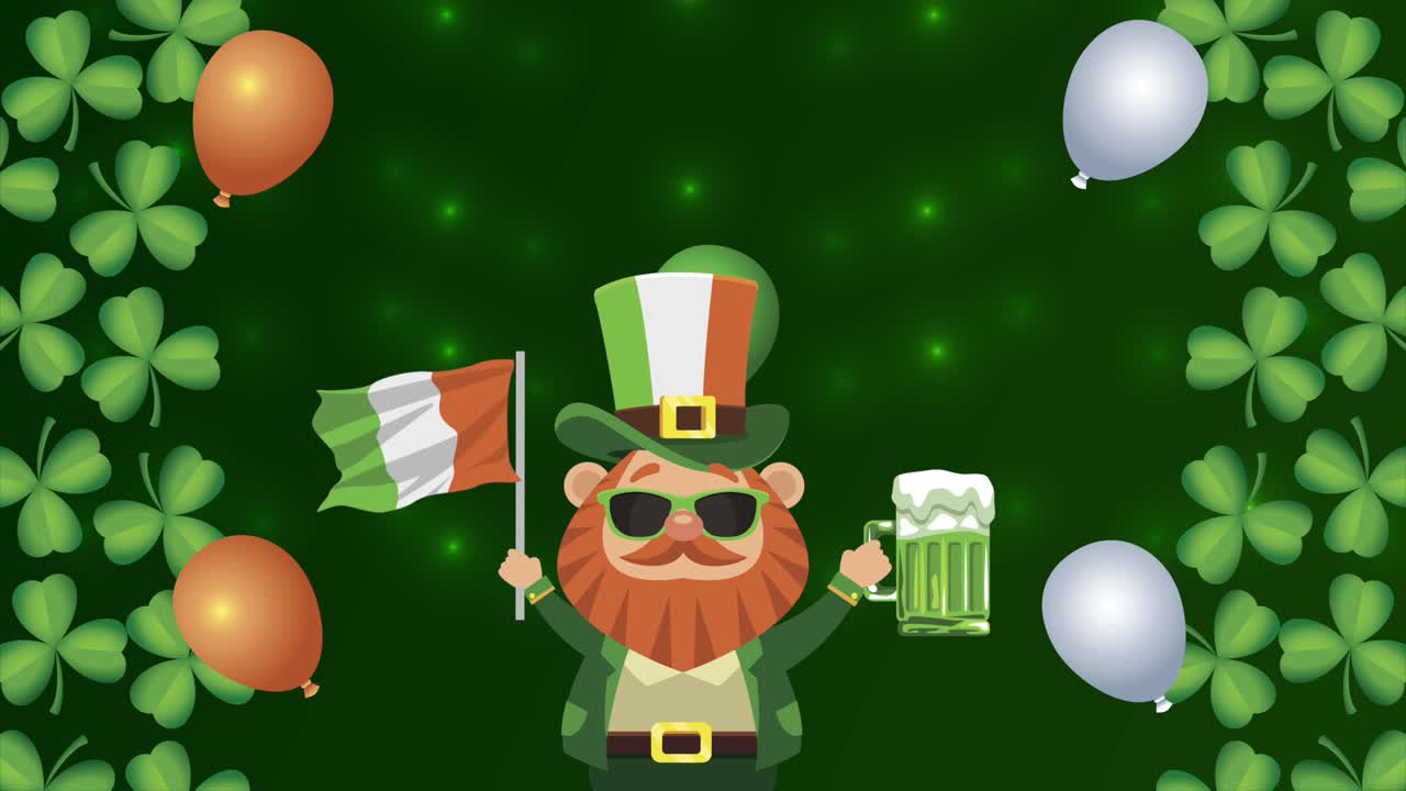 세인트 패트릭스 데이 포스트카드와 레프리콘이 아일랜드 발을 흔들고 클로버 프레임의 맥주