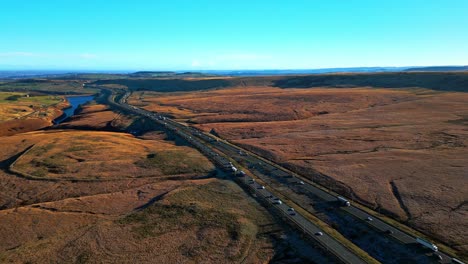 Aerial-View-of-the-M62-Motorway-Ripponden-near-Windy-Hill-Oldham,-On-Saddleworth-Moor