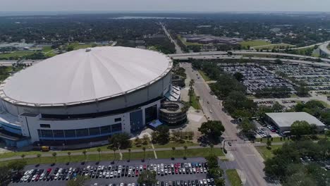 4k aerial drone video of tropicana field and full parking lots next to interstate 275 in downtown st