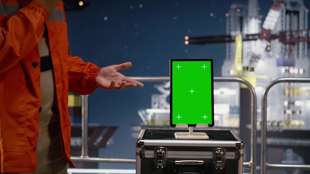 Un operaio di piattaforma di perforazione utilizza un software per laptop con schermo verde