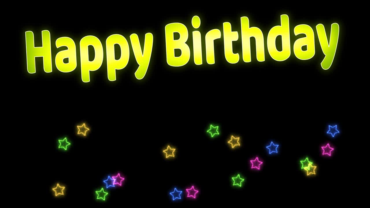 생일 축하하는 무지개 다채롭고 큰 별들이 검은 스크린에서 춤을 춘다