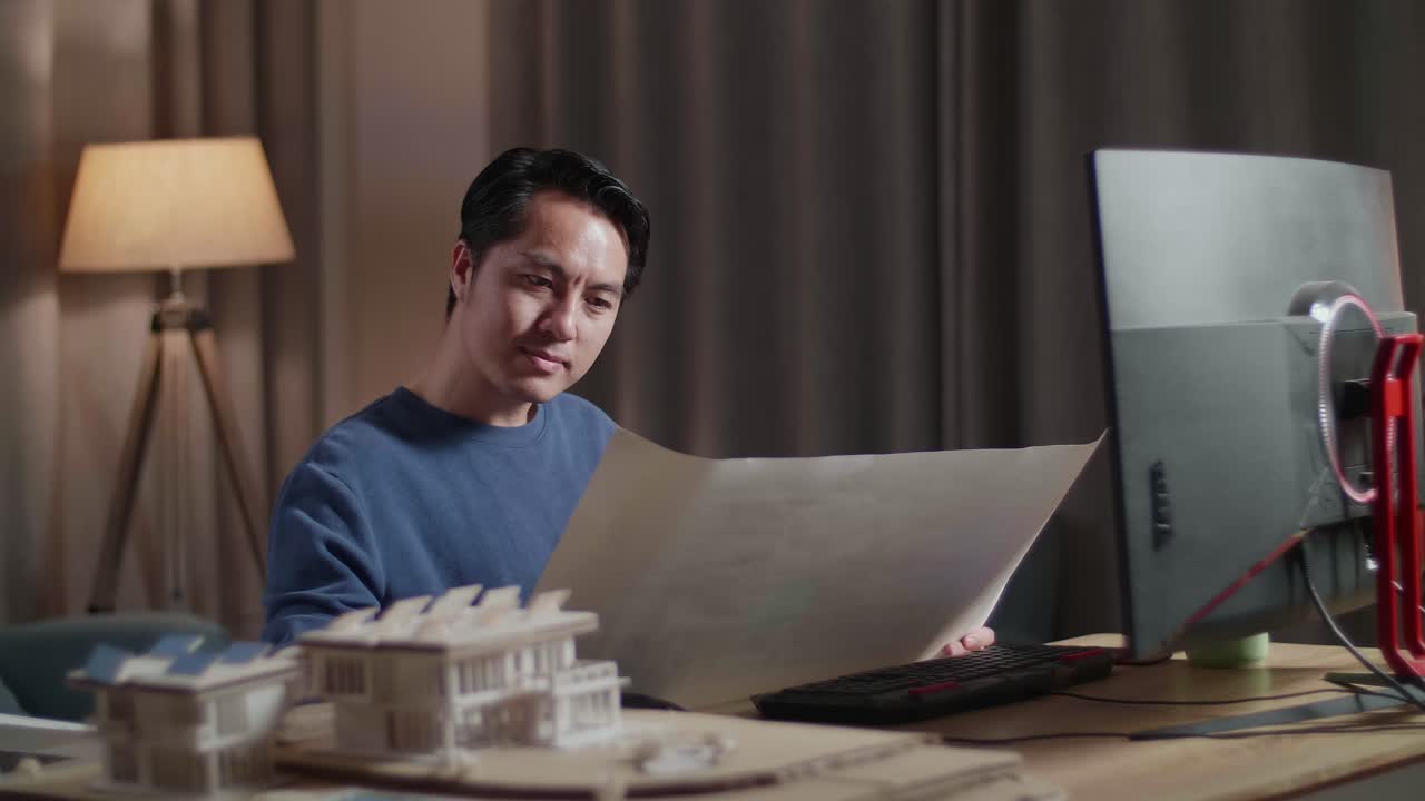집에서 늦게 일하는 건축가