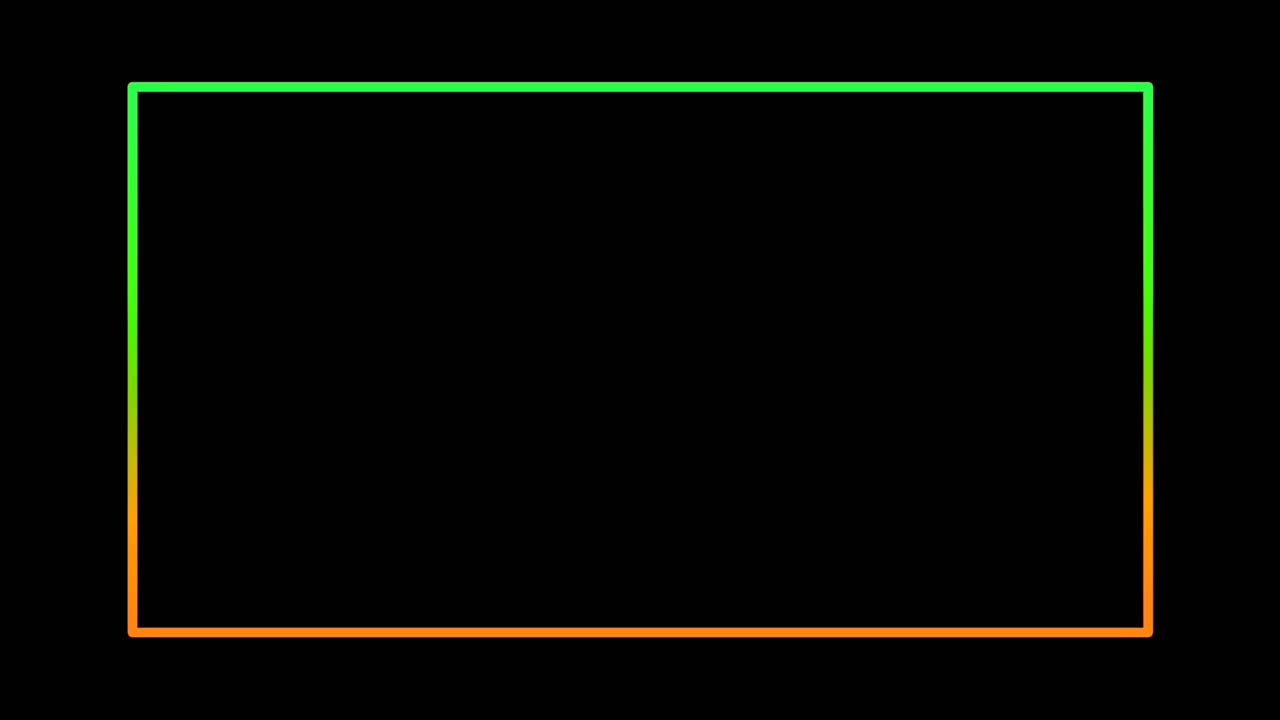 Animation graphique minimaliste d'un cadre rectangulaire moderne en néon, aux couleurs jaune, violet et vert, sur fond sombre.