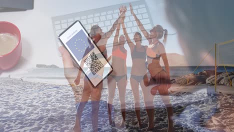 Animation-of-diverse-friends-at-beach-over-biracial-woman-with-smartphone