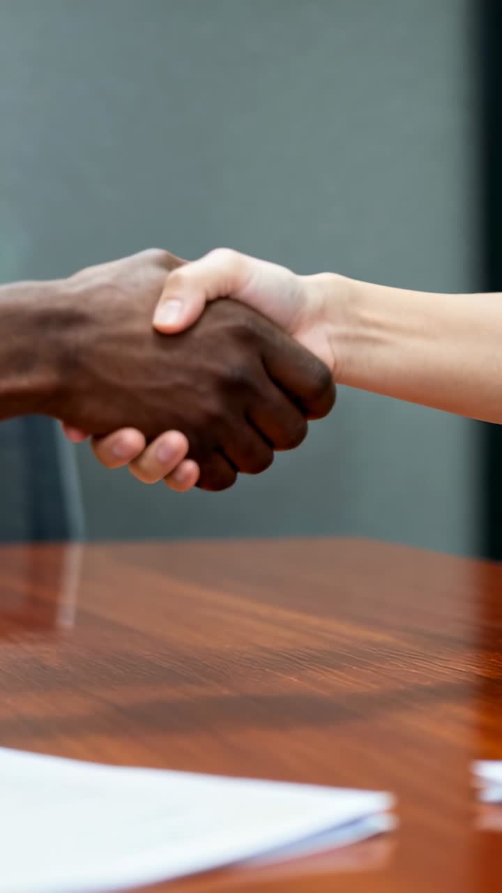 Video verticale: Mani che si incontrano, colleghi che terminano una stretta di mano su un tavolo con documenti, sigillando un accordo.