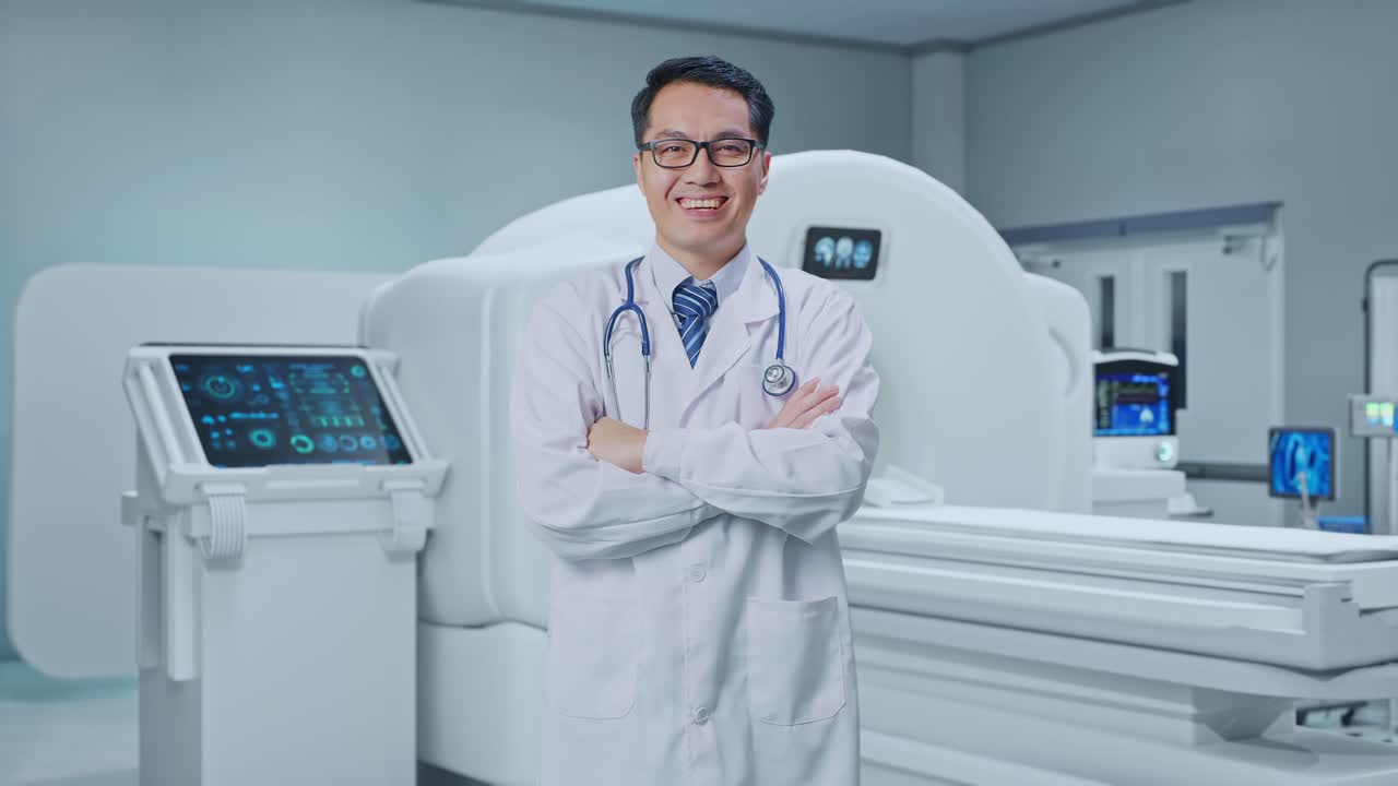 Asian Male Doctor Crossing His Arms And Smiling With MRI Machine In The Hospital