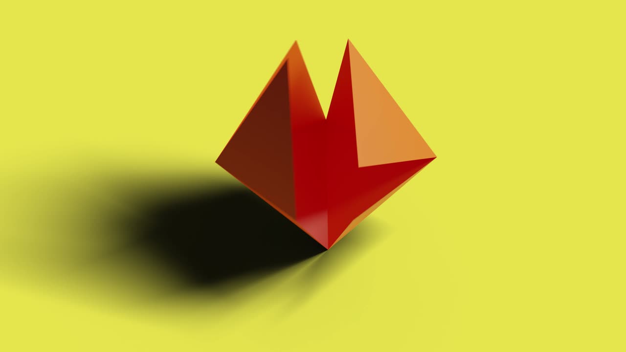 octaedro girando sobre un fondo amarillo y abriéndose en una red. animación 3d. sólidos platónicos.