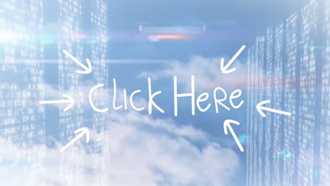 Animation-of-click-here-text-and-data-processing-over-clouds