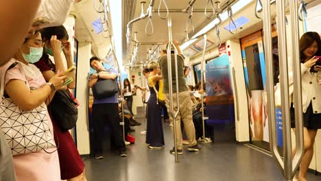 passengers travel on a busy subway train