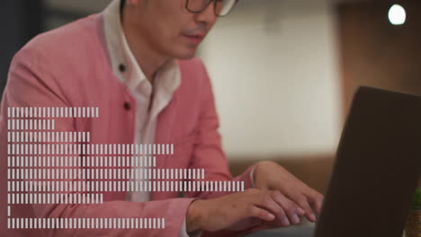 person in pink jacket typing on laptop with data processing animation overlay