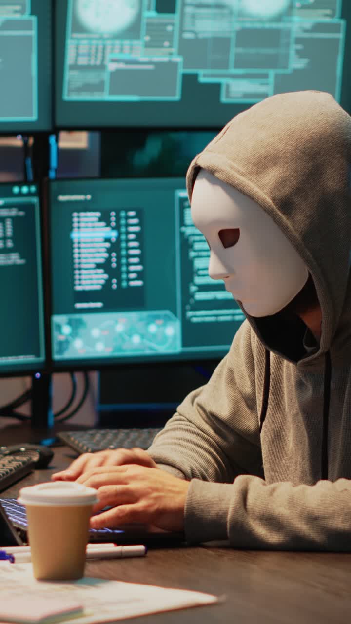Lodret video: IT-tyveprogrammør med maske, der hacker databaseservere