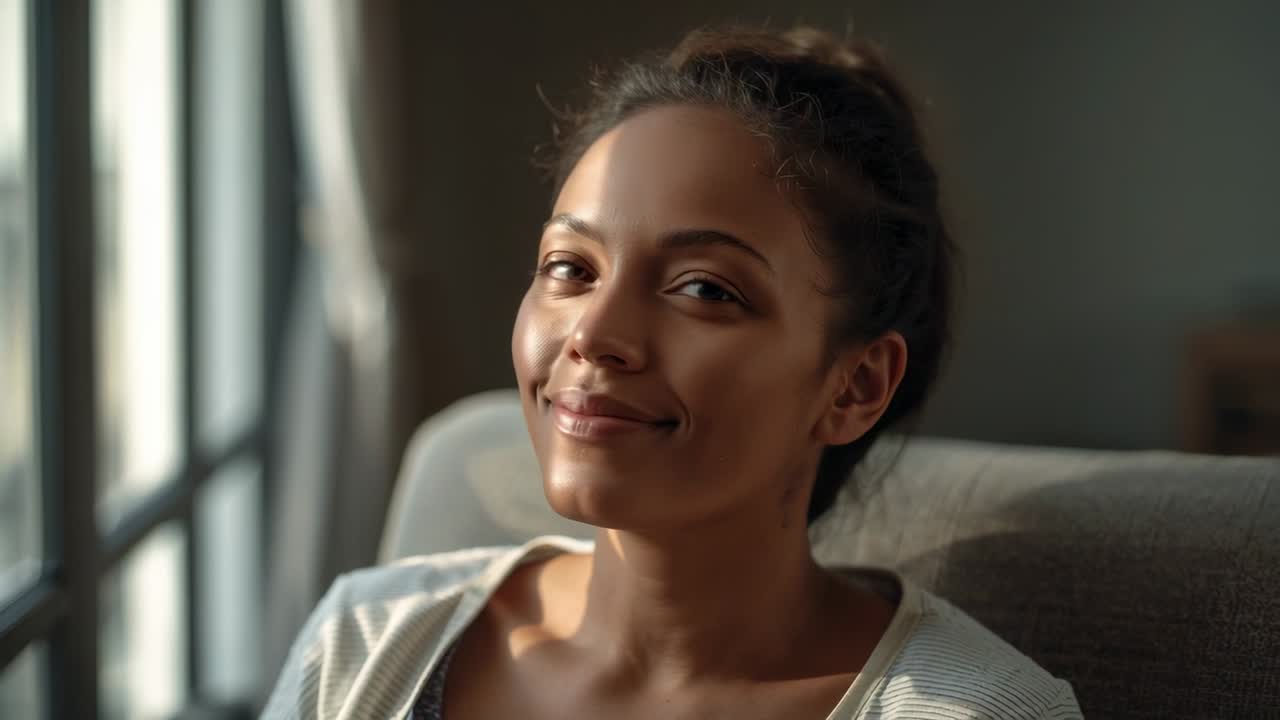 Gazing knit-clad woman sitting in chair at home by window, sun causing closing opening eyes smiling