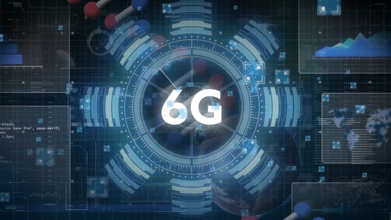 Animaatio graafisesta infografiikkarajapintanäytöstä, jossa on 6G-teksti, tietokanta ja pyörivä DNA-kaksoiskierre