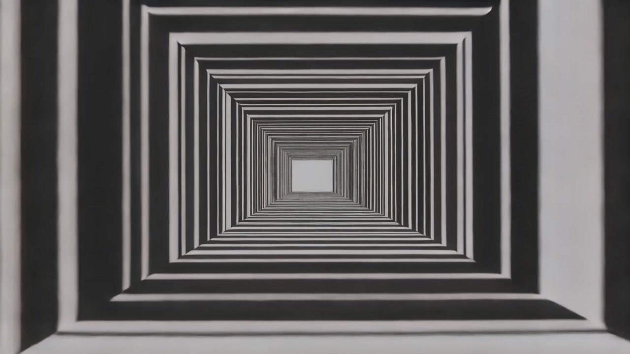 Scaling frames starting central tunnel on gray set moving toward bright square with striped bands