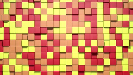 3d cubos abstractos bucle. videojuego isométrico patrón de ondas de mosaico geométrico. construcción de paisajes de colinas utilizando bloques amarillos rojos. animación 4k