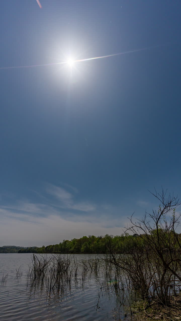 A vertical timelapse video of a total solar eclipse recorded from start to finish, with the darkened sun in a clear daytime sky above a calm lake.