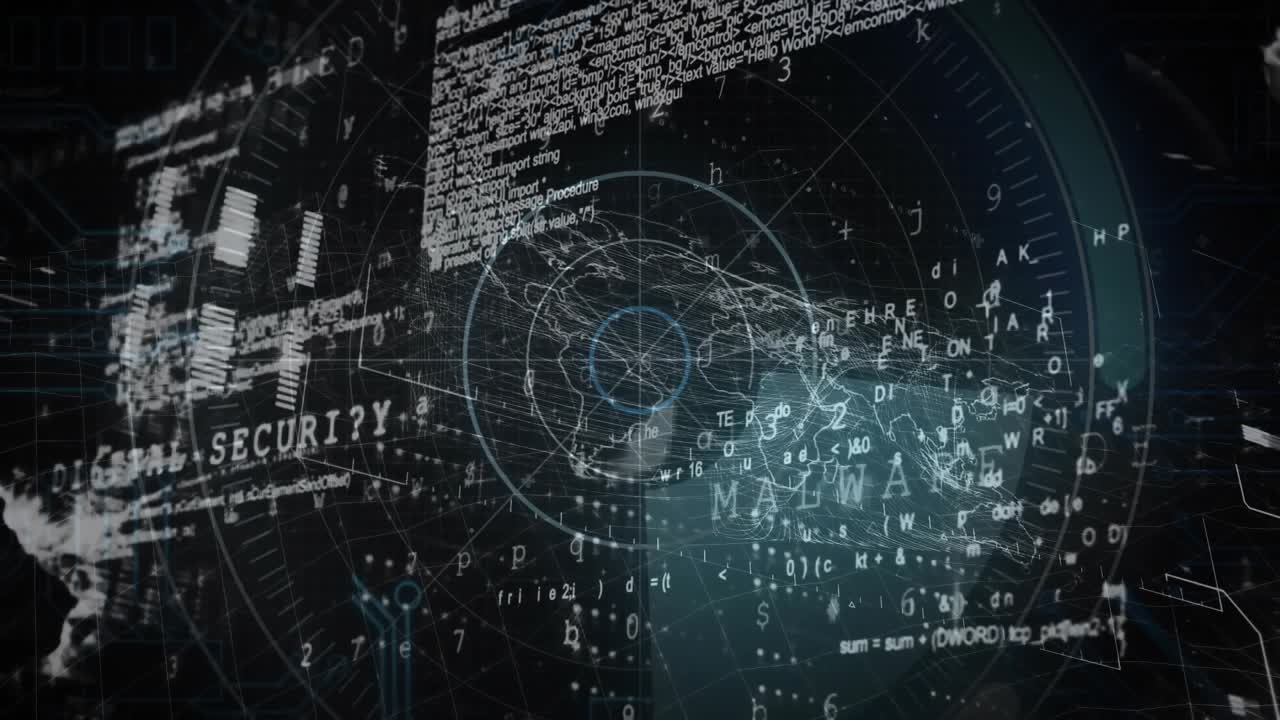 Rotating scanning beam sweeping globe while cascading code and flashing WARNING CYBERCRIME alerts