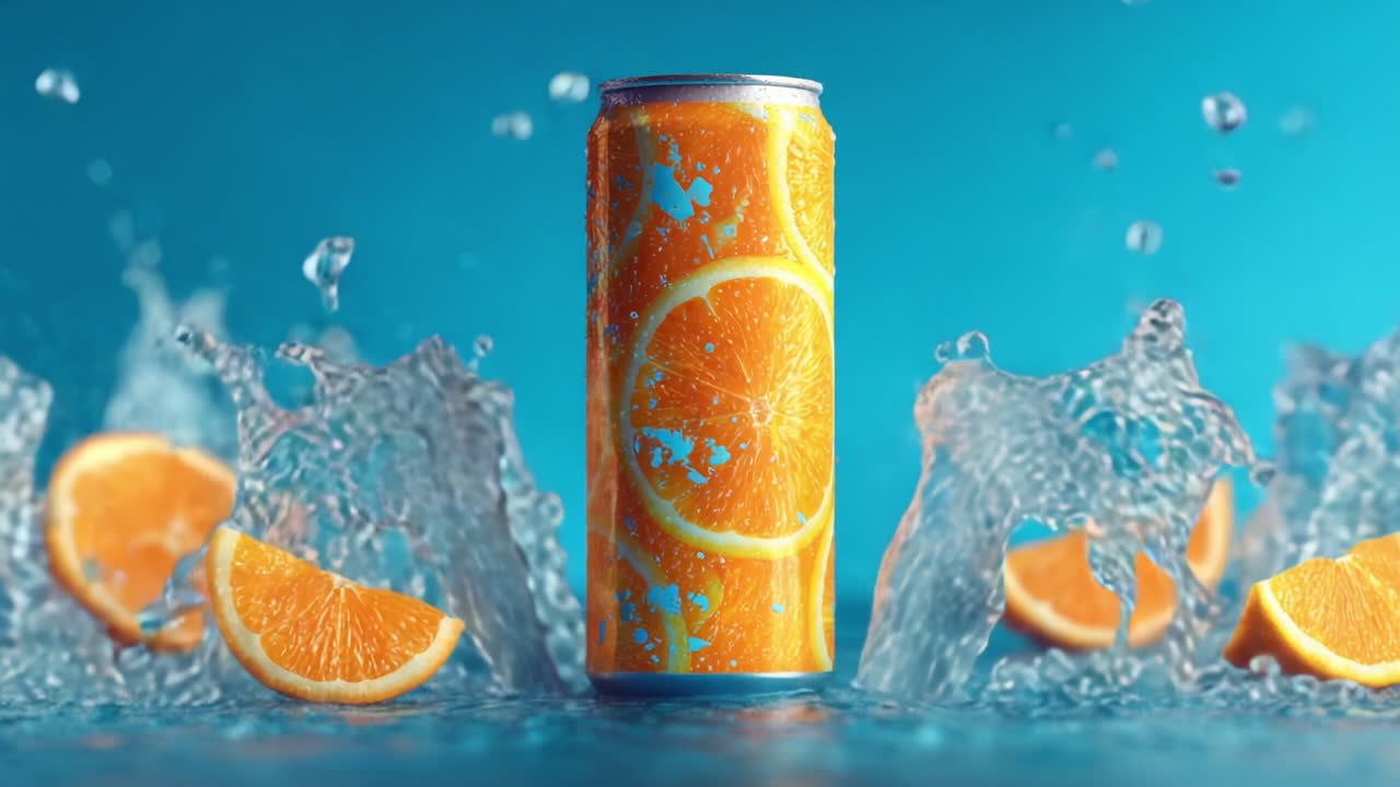 A vibrant splash of refreshing orange flavor captured in stunning detail, showcasing a can surrounded by juicy orange slices and glistening water droplets in a dynamic setting