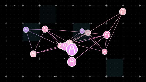 network of connected people icons animation over black grid background