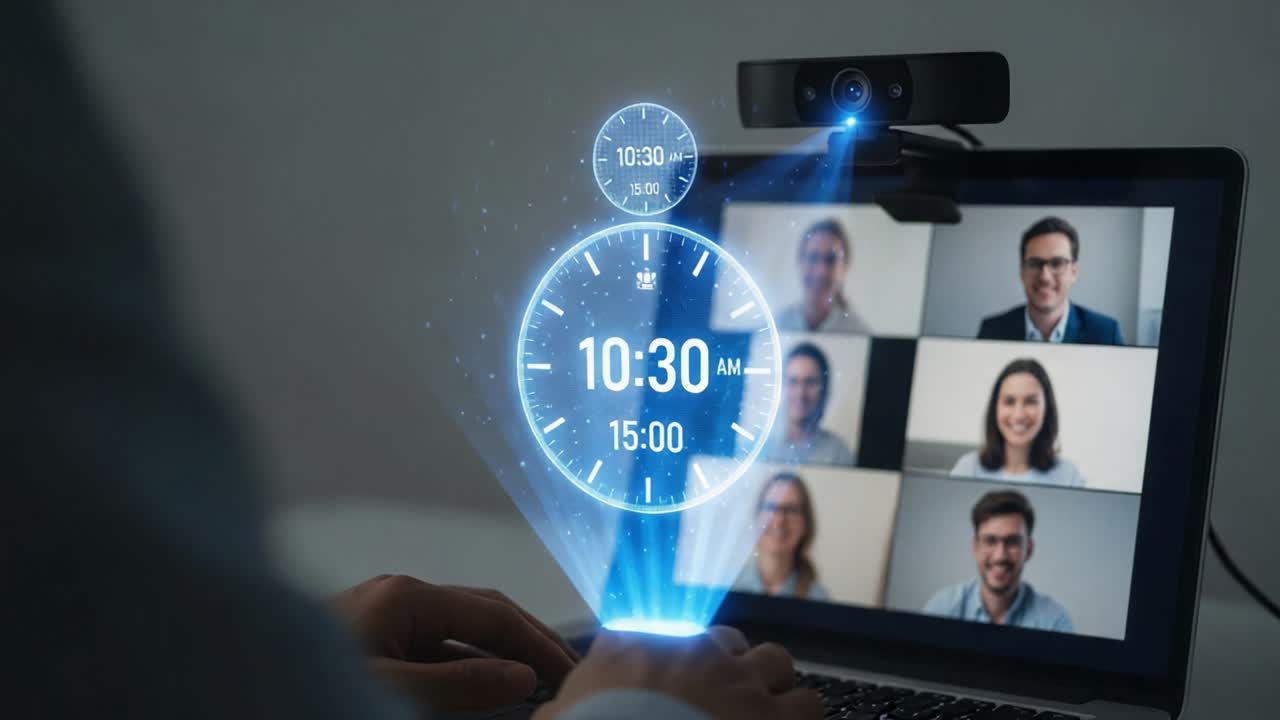 A Modern Approach to Remote Collaboration: A Visual Depiction of a Video Call with Digital Clock Overlays Signifying Time Management and Productivity