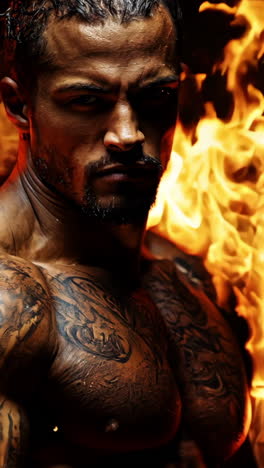 a man with tattoos on his arms stands in front of a fire. the fire is orange and yellow, and it seems to be surrounding the man. the man's body is muscular and well-defined
