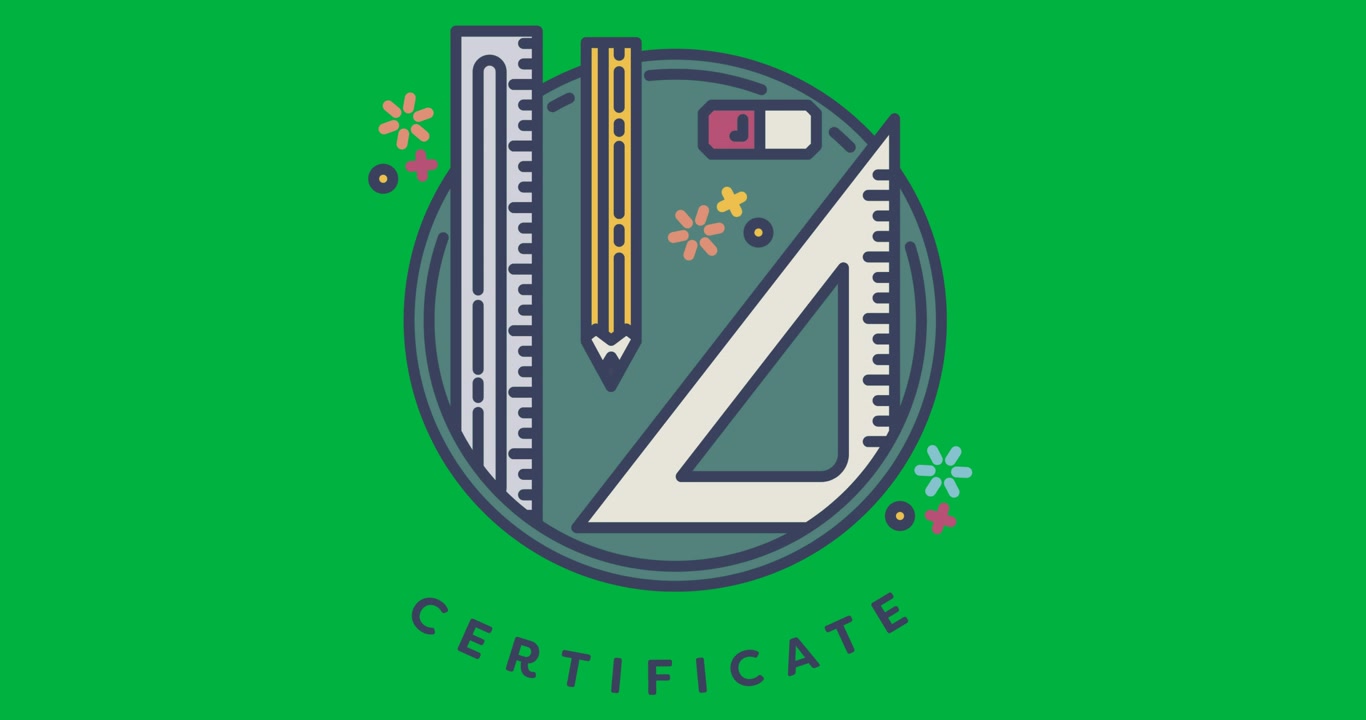 Digital animation of certificate text with geometric equipment on round banner on black background
