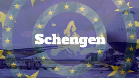 schengen text over yellow stars on moving blue circles on eu map against airplanes