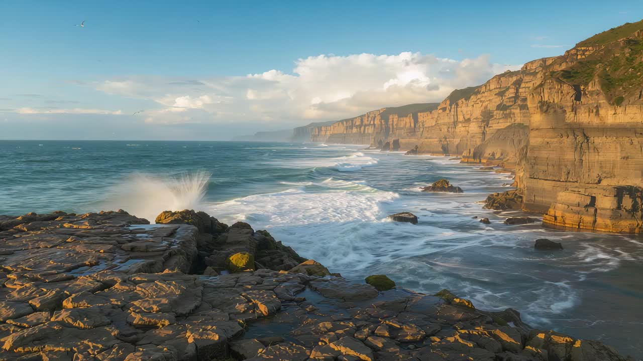 Vagues océaniques s’écrasant et poussant le ressac sur une plateforme rocheuse près d’une falaise de grès, recouvrant les mares