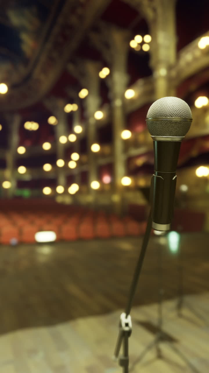 Empty theater stage with microphone and chairs before a performance event