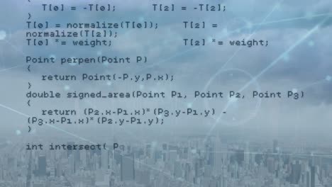 Animation-of-network-of-connections-and-data-processing-over-cityscape