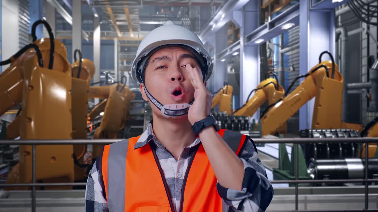 Close Up Of Asian Male Engineer With Safety Helmet Yelling With Hand Over Mouth While Standing With Industrial Robotic Arms Working