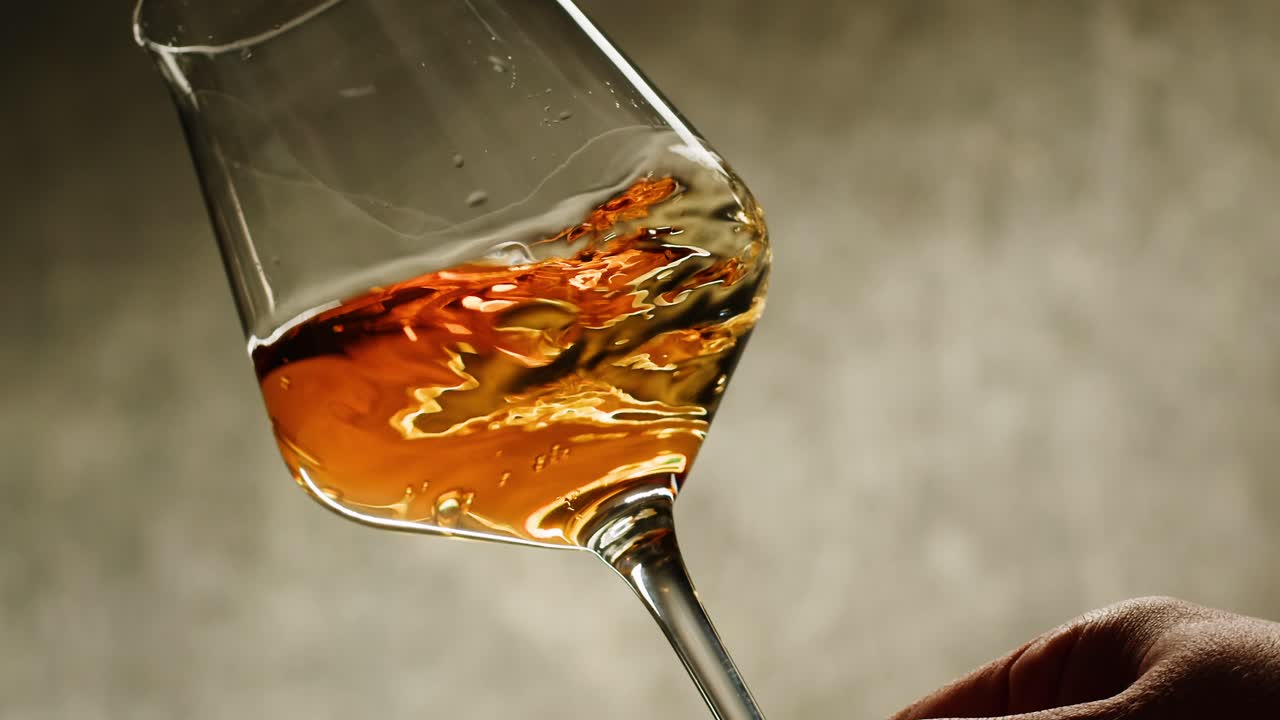 Orange or white wine bottle and glass against a sunset in a peaceful vineyard, pouring of ecological natural wine.