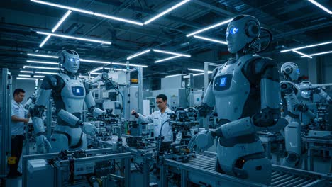 a futuristic manufacturing facility showcasing advanced robotics, where a team of engineers collaborate with humanoid robots to enhance automation and innovation in production processes
