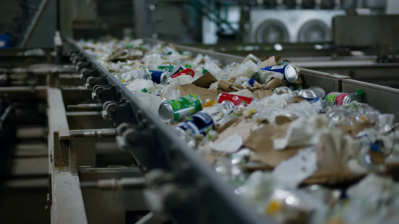 Waste sorting on a conveyor belt at a recycling facility