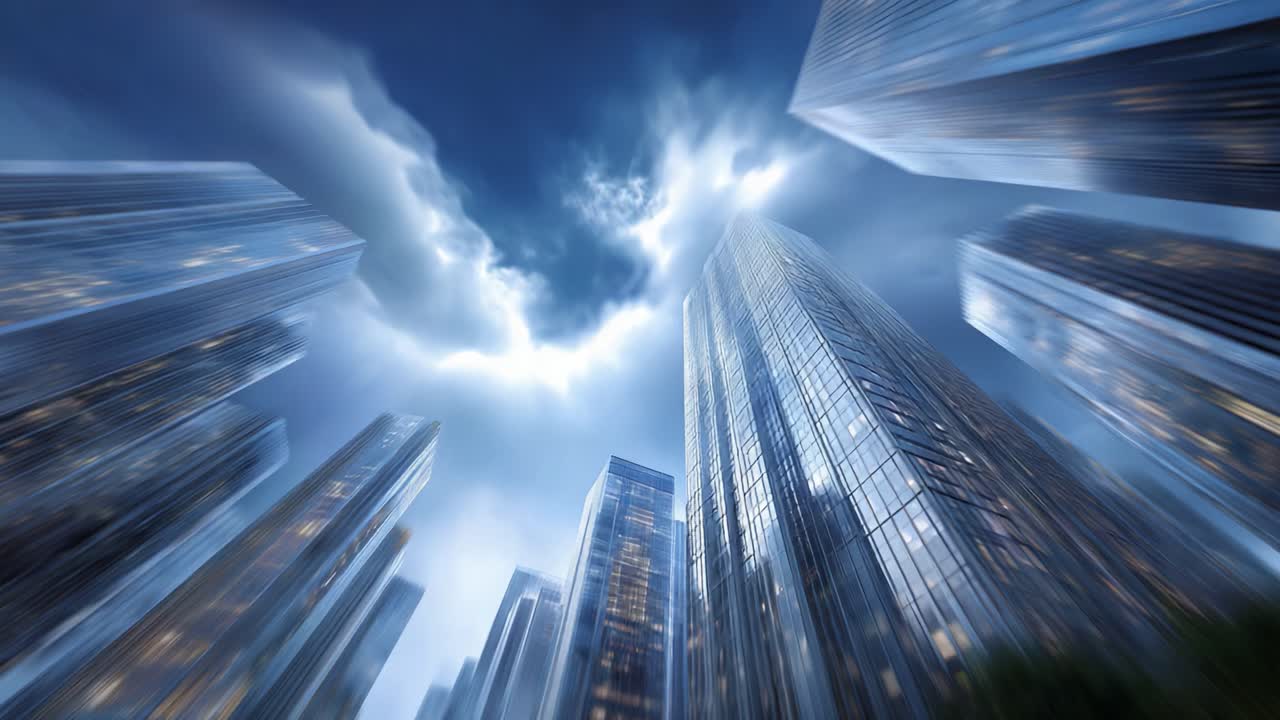 Paesaggio urbano architettonico drammatico: alti grattacieli di vetro sotto un cielo tempestoso con movimenti dinamici delle nuvole che evidenziano la maestosità urbana e l'estetica del design moderno
