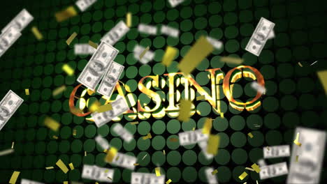 animation of confetti and american dollar bills falling over casino text and green spots