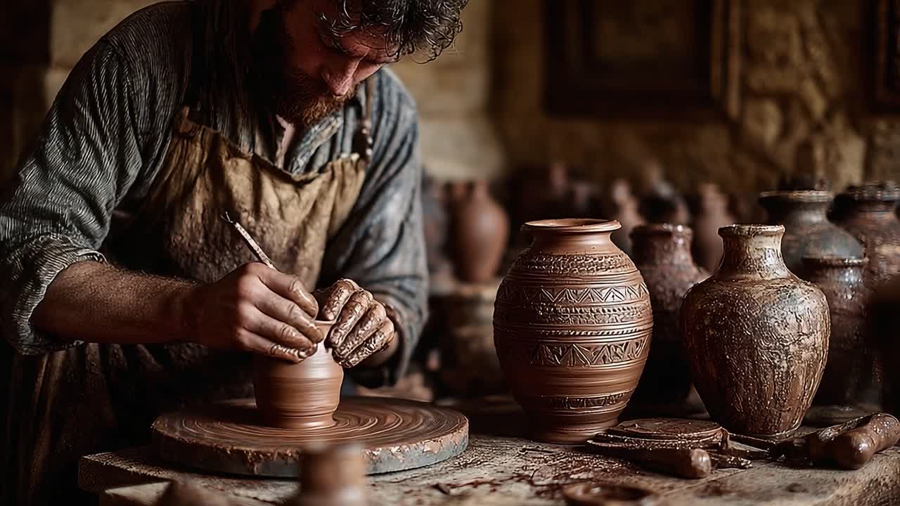 Craftsmanship in Action: A Skilled Artisan Engages in Pottery, Shaping and Decorating Clay Vessels with Precision and Artistic Flair in an Ancient Workshop Setting