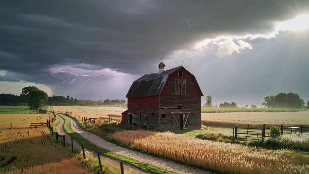 Fremrykkende stormskyer, der bringer lyn og solstråler over en landlig gård, og oplyser en vejrbidt rød lade