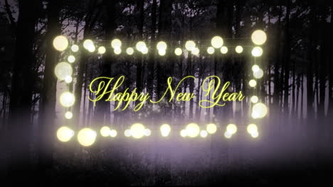 happy new year text over yellow glowing fairy lights against multiple trees in the forest