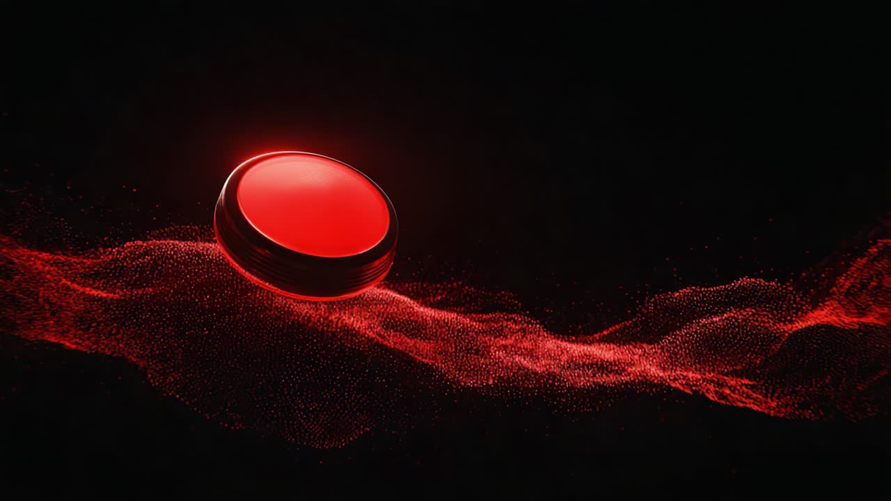 A striking red button floats above a swirling wave of vibrant particles on a dark background, creating a visually captivating scene that emphasizes its bold color and design