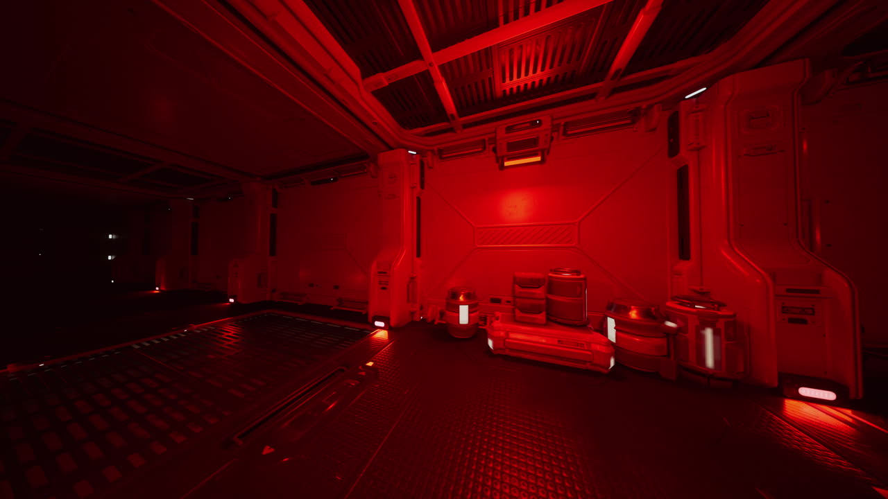 Eerie spacecraft cargo bay illuminated by neon and emergency lighting