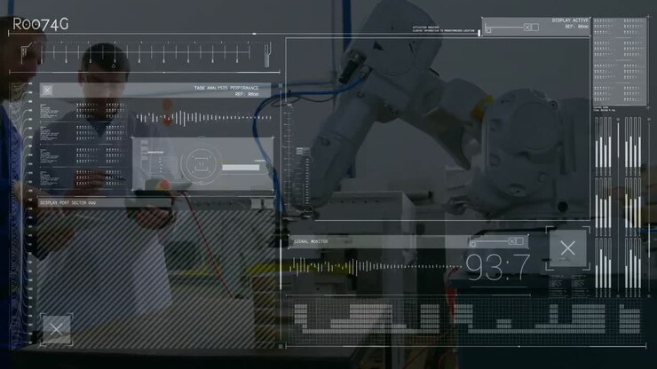 Animation of data processing over two caucasian male scientist