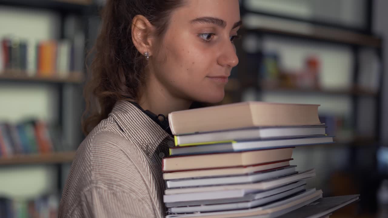 estudiante con muchos libros en la biblioteca, preparándose para los exámenes