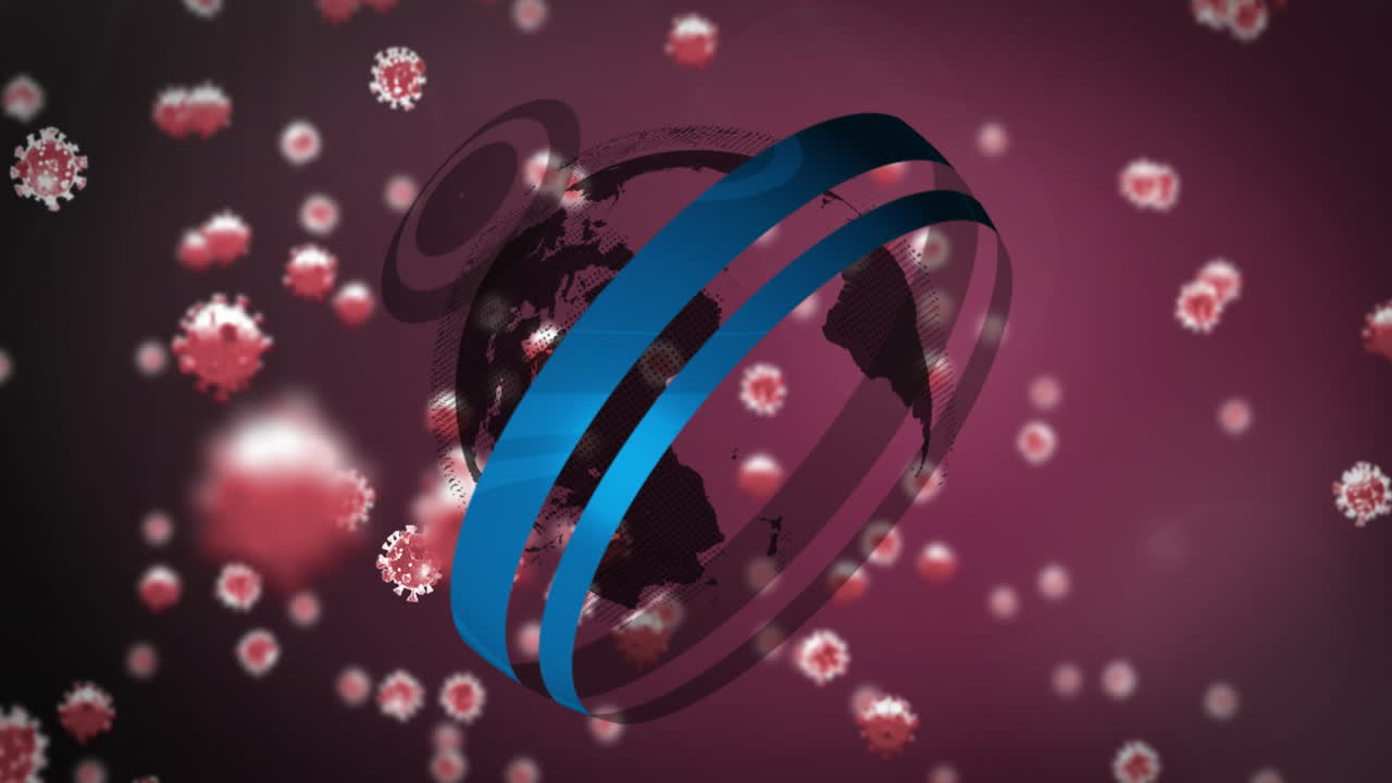 Animazione di un globo che gira su molteplici cellule di COVID-19 su sfondo viola.