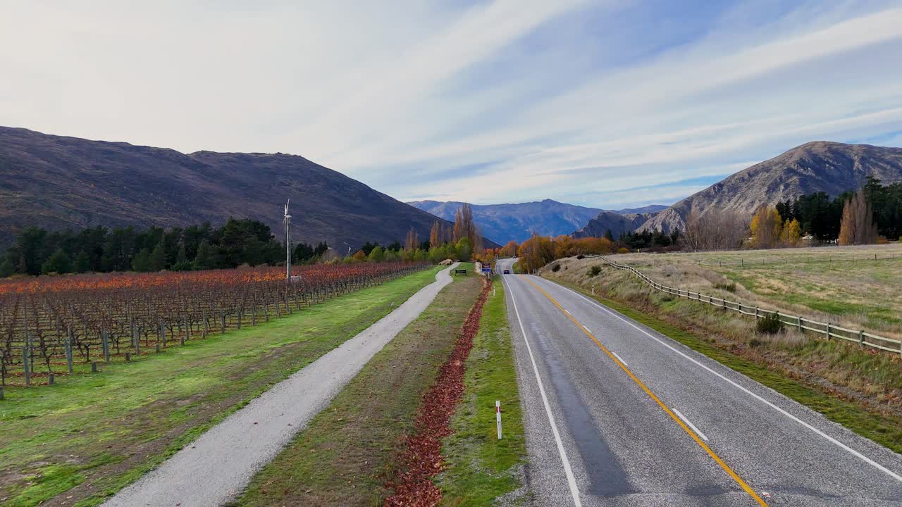 Drone footage captures a scenic highway flanked by vineyards and mountains in Queenstown, New Zealand, under clear skies