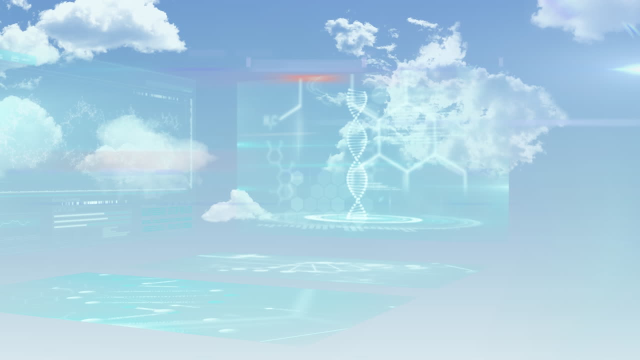 클라우드 위의 화면에서 데이터 처리의 애니메이션